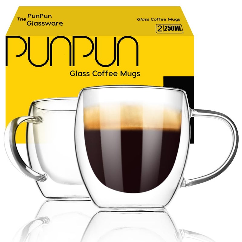 PunPun 8.5oz/250ml Espresso Cups, Double Wall Insulated Glass Cups, Set of 2 - Image 1